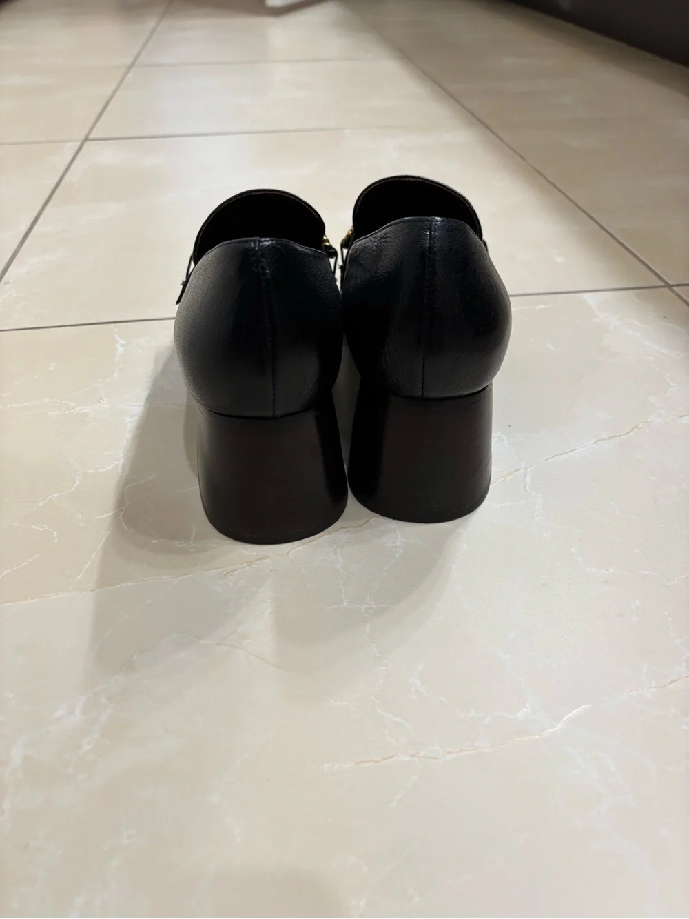 Tory Burch Black Leather Heeled Loafers with Gold Accent